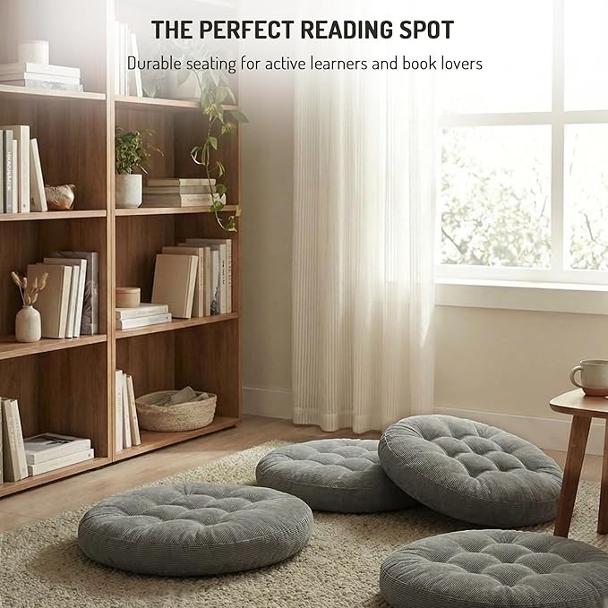 Degrees of Comfort Meditation Floor Pillow, Round Large Pillows Seating for Adults, Tufted Corduroy Cushion for Tatami Living Room, Grey, 22 Inch