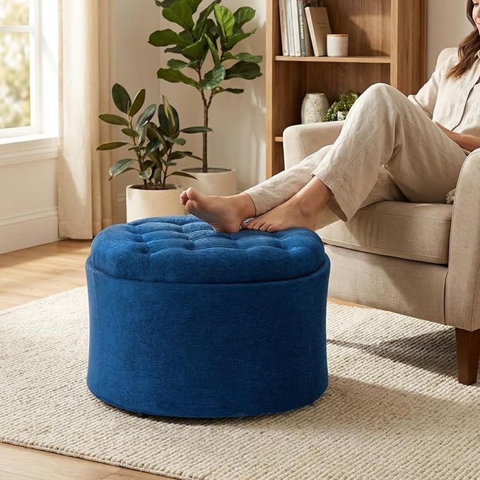 ONBRILL 25" Round Ottoman Coffee Table, Storage Ottoman with Lift-Off Lid, Multifunctional Foot Rest & Hidden Storage, Sturdy Steel Frame for Bedroom, Living Room, Corners, Apartment