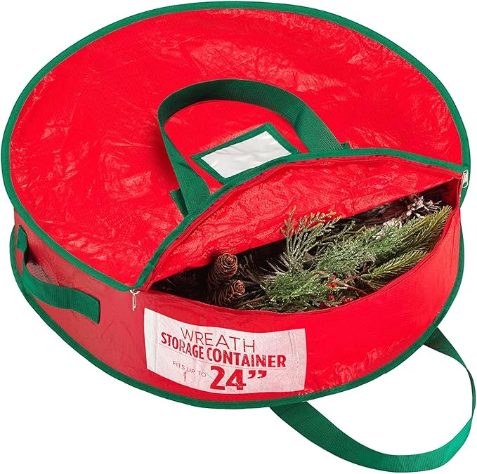 Handy Laundry Christmas Wreath Storage Bag 24 Inch – Durable Tarp Material Wreath Storage Container with Zipper & Sturdy Handles, Protects Holiday Decor from Dust & Pests, Fits Multiple Wreaths, Red