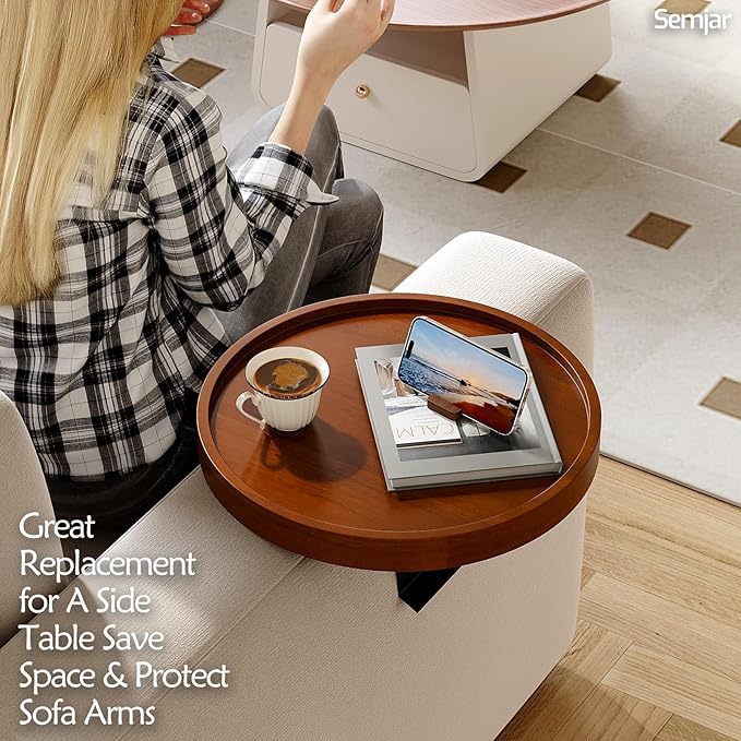 2 Pack Sofa Arm Tray,11.8“ Adjustable Natural Wood Couch Arm Trays Tables with Phone Holder,More Anti-Slip Clip On Chair Table Tray,Round Couch Armrest Cup Holder for Drinks Snack Eating