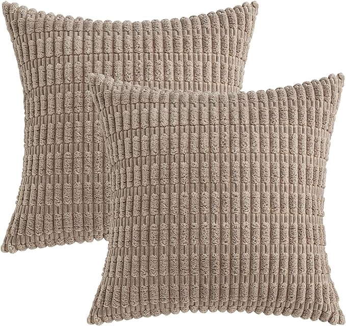 MIULEE Pack of 2 Corduroy Decorative Throw Pillow Covers 18x18 Inch Soft Boho Striped Pillow Covers Modern Farmhouse Home Decor for Sofa Living Room Couch Bed Light Brown
