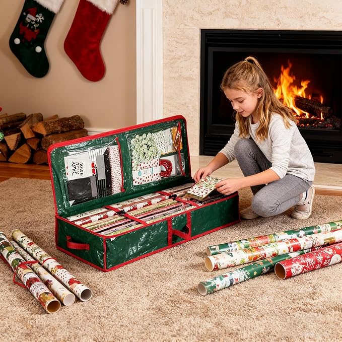 Christmas Wrapping Paper Storage, Oxford Fabric Festive Holiday Wrapping Paper Storage Bin for Living Room, Bedroom, Closet, Rolls, Ribbons, Bow, Organizer