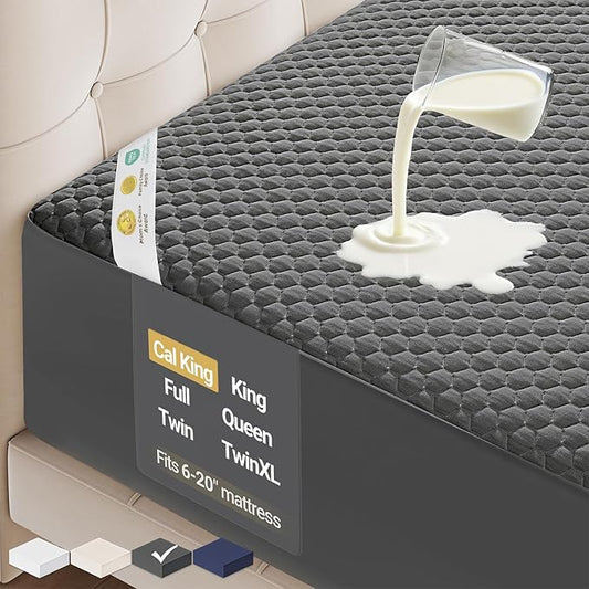 OhGeni 100% Waterproof Mattress Protector, California King-Gray, Fits 6"-20" Mattresses Deep Pocket, Cooling for Taller Person, Breathable Fitted Sheets, Soft Bed Cover, Noiseless, Machine Washable