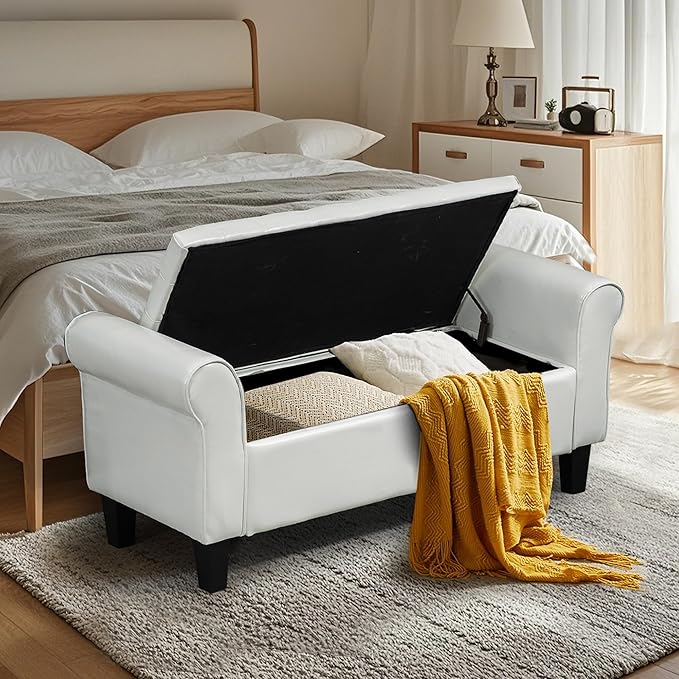 ECOTOUGE Ottoman with Storage for Living Room, Leather Upholstered Bench Footrest, Bedroom Benches at End of Bed, Rolled Arm Ottoman, Cream Color