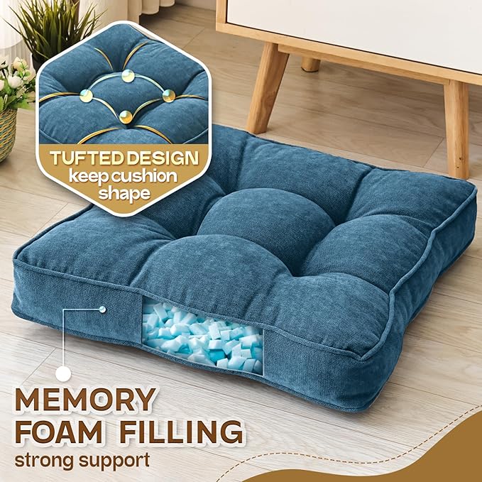 1 MIDDLE ONE Floor Pillow Set of 2, Memory Foam Floor Cushions for Adults, Large Meditation Pillow for Sitting, 22 x 22 Inches (Square | Navy)