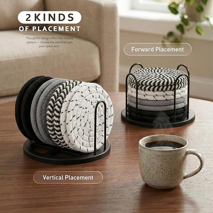 Coasters Set of 8 for Drinks, Beer, Coffee, Cotton Woven 4 Colors Absorbent Coaster with Holder, Boho Coasters for Home Decor Tabletop Protection Suitable for Kinds of Cups