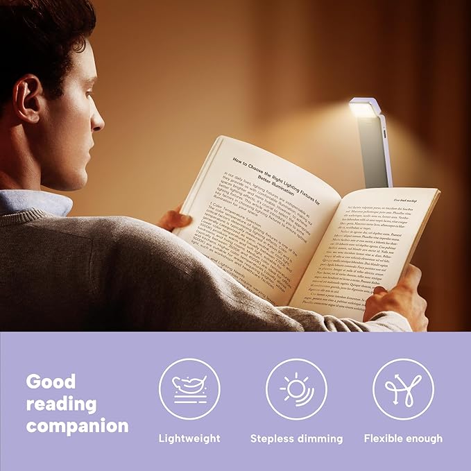 86lux Book Light, Rechargeable Reading Lights for Books in Bed, Ultralight Clip-on LED Bookmark Lamp with 3 Amber Colors & Stepless Dimming for Night Reading for Book Lovers, Kids,Light Lilac