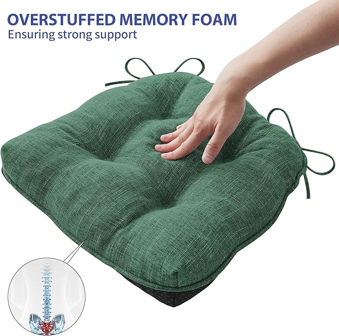 IPYNBAP Chair Cushions for Dining Chairs Set of 2, Kitchen Chair Cushions, Chair Pads with Ties Non Slip Backing, Christmas Room Decor, Tufted Memory Foam Seat Cushion 2 Pack, 15.5x15.5x4, Dark Green