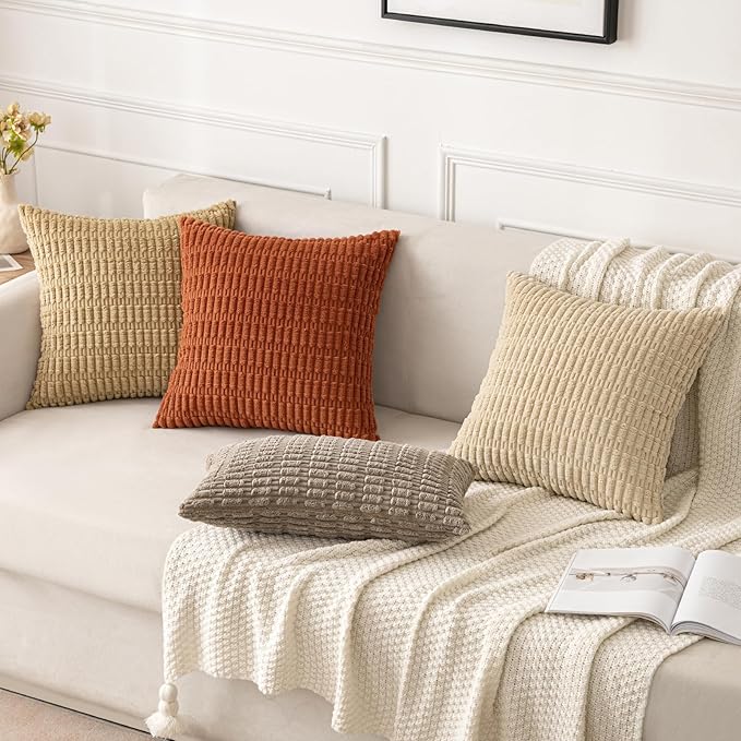 MIULEE Pack of 2 Corduroy Decorative Euro Sham Throw Pillow Covers 26x26 Inch Soft Boho Striped Pillow Covers Modern Farmhouse Home Decor for Sofa Living Room Couch Bed Tan