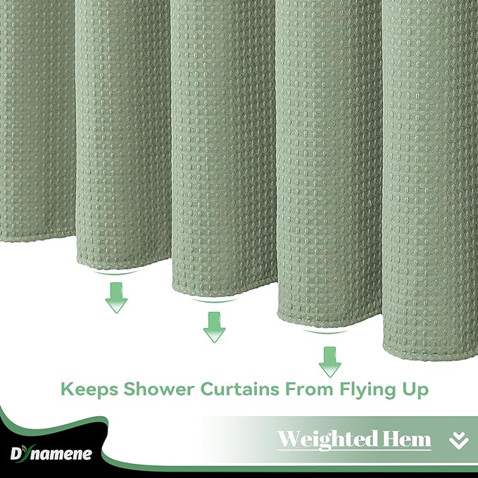 Dynamene Fabric Shower Curtain with Snap in Liner, Sage Green Waffle Hotel Shower Curtains for Bathroom, Washable Waterproof Cloth Shower Curtain Liner Set with Plastic Hook, Mesh Top Window, 72x72