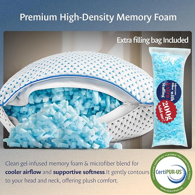 Adjustable Cooling Gel Memory Foam Pillows Queen Size for Sleeping 1 Pack,Thick Firm Bamboo Rayon Shredded Bed Pillow for Side,Back,Stomach Sleepers Washable Breathable Pillowcase,Gifts College Dorm