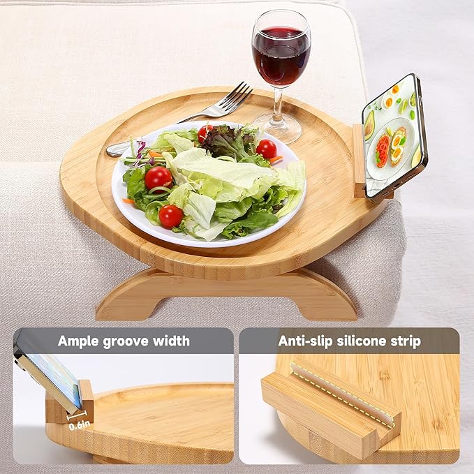 Couch Arm Tray Table, Bamboo Clip-on Couch Arm Tray with 360° Phone Holder, Foldable Sofa Armrest Table for Eating, Drink, Snacks, Coffee, TV, Remotes