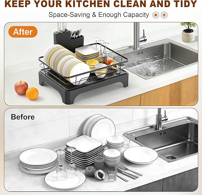 Dish Drying Rack for Kitchen Counter, Dish Rack, Dish Drainer for Kitchen with Built-in Drain, Stainless Steel Sink Organization and Storage Essentials with Cutlery Holder (17" x 13.4", Black)