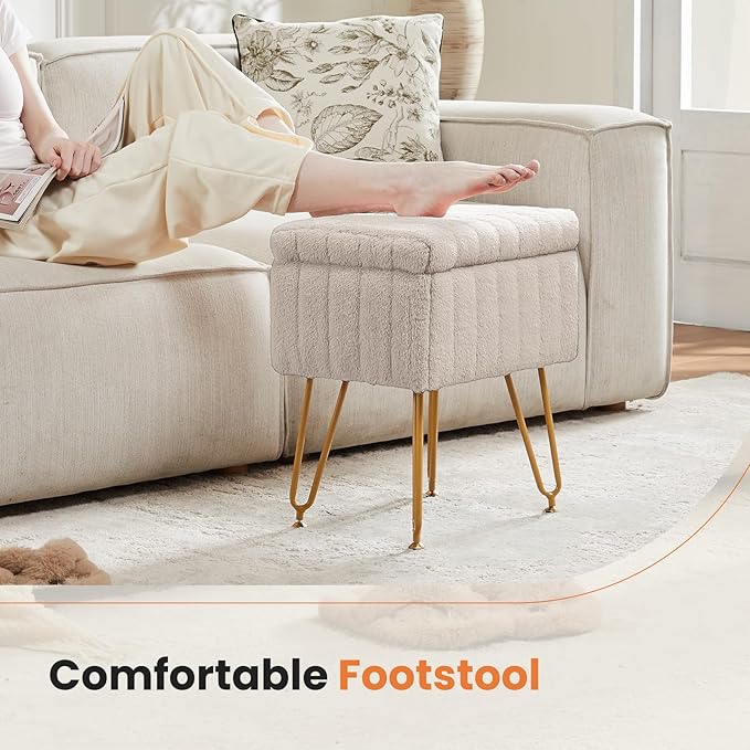DUMOS Vanity Stool Chair, Ottoman with Storage, Makeup Cute Soft Small Footstool, Modern Style Faux Fur Seat with 4 Metal Legs & Adjustable Feet for Dressing, Living Room Bedroom Dorm, Camel