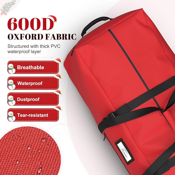 Christmas Tree Storage Bag with Rolling Wheels, Fits for 9ft Xmas Artificials, Large Xmas Storage Container with Reinforced Carry Handles and Fixed Buckle, 600D Oxford Cloth, Dual Zippers