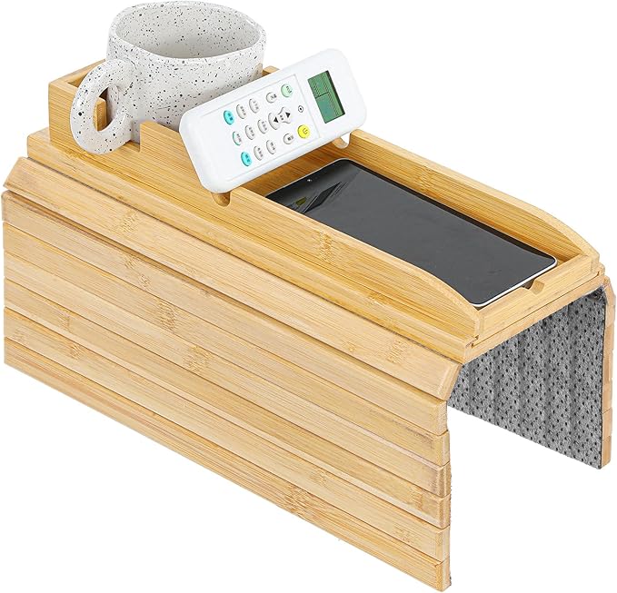 Couch Cup Holder Tray, Bamboo Couch Arm Cup Holder 2 in 1 Anti-Slip Sofa Armchair Caddy Table with Detachable Cups Holders Foldable Sofa Arm Organizer Tray for Drinks Cellphone Snacks Remote