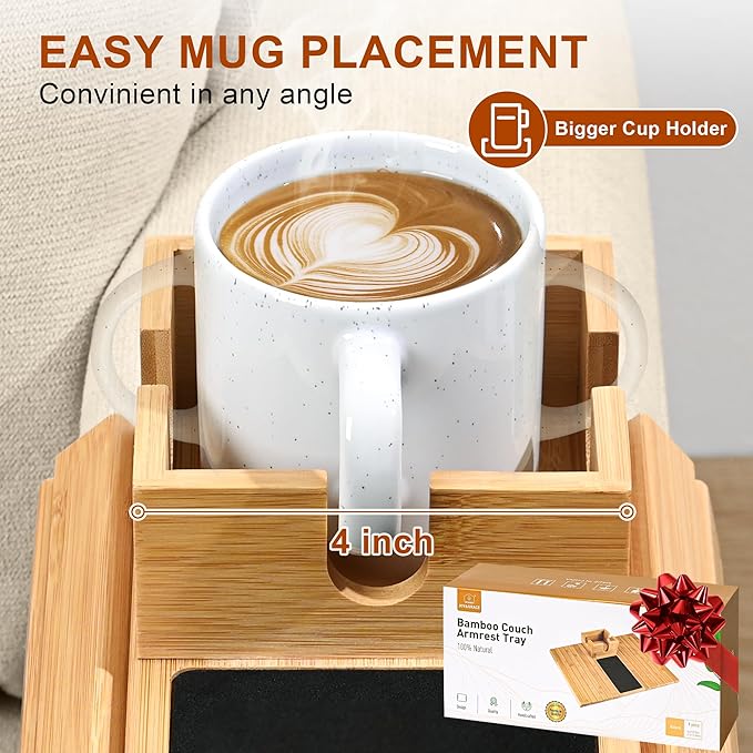 Joy&Grace Sofa Armrest Tray with Large Mug Holder, Bamboo Couch Arm Tray, Anti-Slip Couch Cup Holder Foldable Sofa Arm Table for Eating Drinks Cellphone (Color Natural)