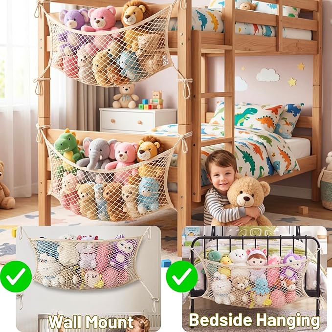 2 Pack Stuffed Animal Storage Net for Kids, Bedside Toy Organizer Net - Neatly Store Your Stuffed Animals, Cotton Bedside Stuffed Animal Storage Net with Tether, Stretches up to 35 Inches, Beige