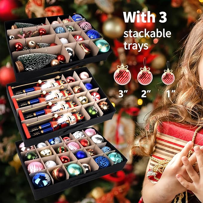 Christmas Ornament Storage Box,Christmas Ornament Organizer Storage Box with Dividers,Stackable 3 Drawer Organizers,Holds 3 Inch 72 Ornaments,Ornament Organizer,Christmas Ball Storage Container
