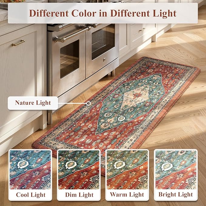 Collive Boho Kitchen Mats Cushioned Anti Fatigue Mats, Non-Slip Kitchen Floor Mats, Standing Kitchen Mats for Office, Sink, Laundry, 17”x30” Red Waterproof Kitchen Rug
