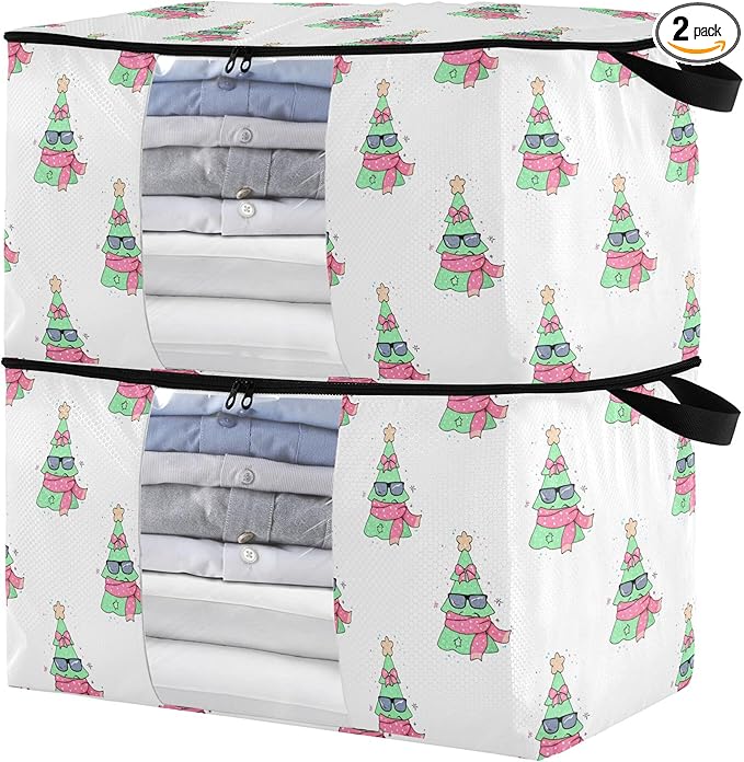 Burbuja Christmas Tree Clothes Storage Bag with Lids and Handle, 2 Pack Foldable Blanket Storage Container with Sturdy Zipper & Clear Window for Bedroom Closet, 60L