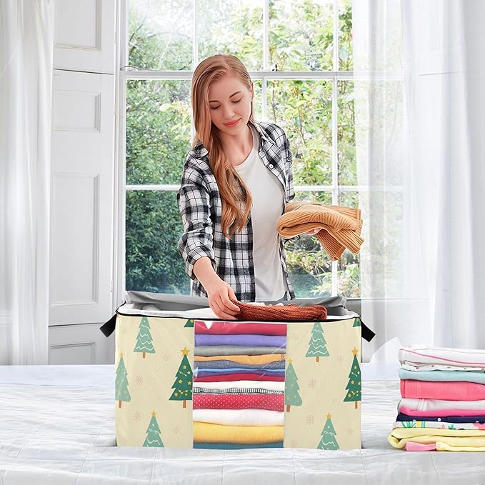 Burbuja Christmas Tree Clothes Storage Bag with Lids and Handle, 2 Pack Foldable Blanket Storage Container with Sturdy Zipper & Clear Window for Bedroom Closet, 60L