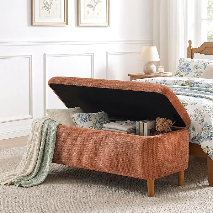 39.4”Ottoman with Storage Set of 2,Upholstered Comfy Storage Bench Ottoman with Wooden Legs,End of Bed Bench Footstool for Hallway Entryway Bedroom Living Room Corner Orange