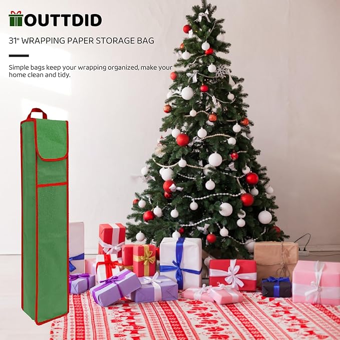 OUTTDID Wrapping Paper Storage Bag 31", Gift Wrapping Paper Organizer Storage Containers with Pocket for Crafts Poster Tools, Christmas Wrap Paper Holder fits for 9 Standard Rolls, Green