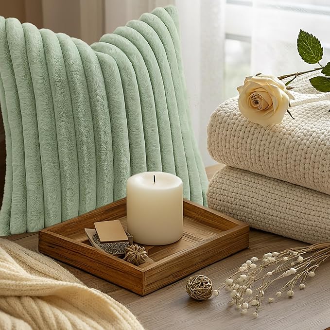 decorUhome Summer Cozy Faux Fur Throw Pillow Covers 20x20 Set of 2 Decorative Soft Plush Striped Modern Farmhouse Boho Couch Pillow Cases with Velvet Back for Sofa Bed Living Room, Sage Green