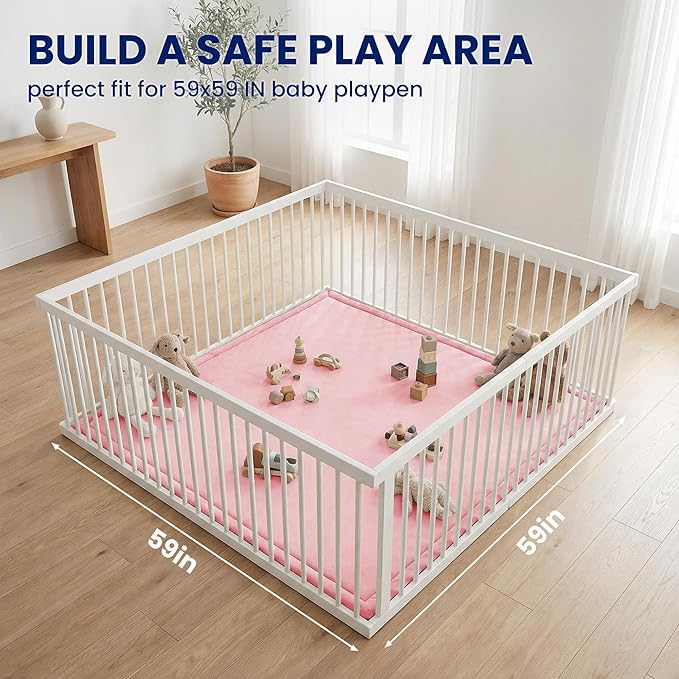 Huloo Sleep Ultra Soft Baby Play Mat for Floor, 1.3" Thick Elasti-Foam 59x59 Play Mat for Playpen,Water-Repellent Coral Velvet for Tummy Time, Non-Slip Backing,Safe for Toddlers & Infants（Pink）