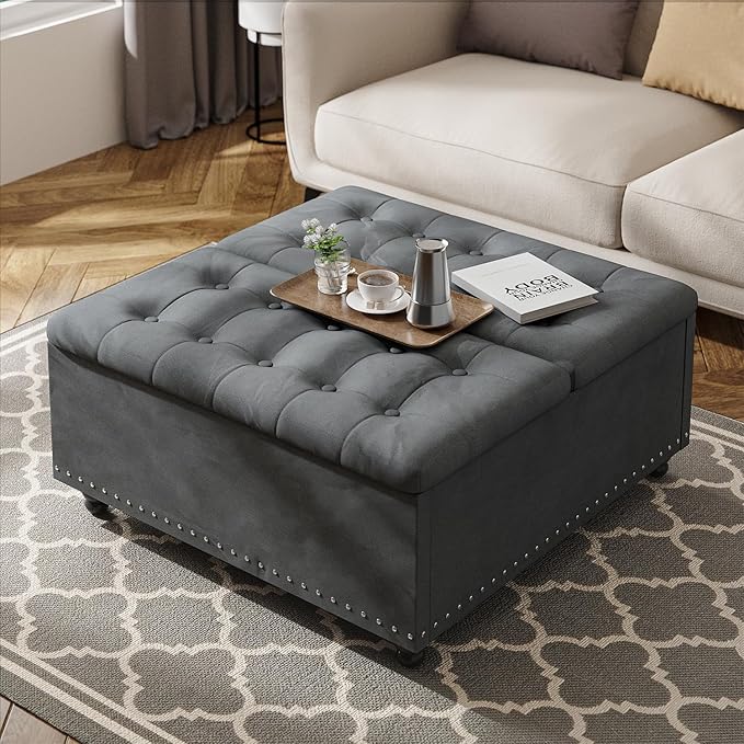 FUXA 35 Inch Large Square Ottoman with Storage, Oversized Ottoman Coffee Table with Lift Top and Wood Legs, Tufted Upholstered Storage Ottoman Bench for Living Room (Gray)