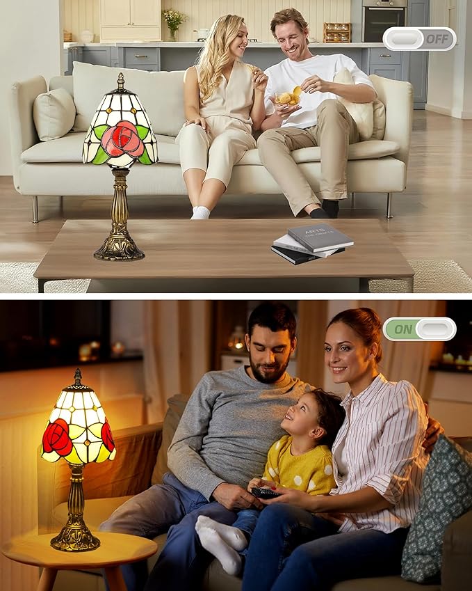 Small Tiffany Style Table Lamp, 6" Antique Stained Glass Lamp, Desk Bedside Table Night Lamp for Bedroom, Living Room, Office, Handcrafted Light with LED Bulb (Red Rose)