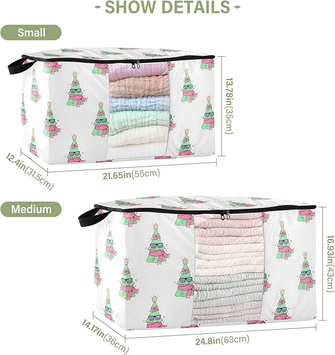Burbuja Christmas Tree Clothes Storage Bag with Lids and Handle, 2 Pack Foldable Blanket Storage Container with Sturdy Zipper & Clear Window for Bedroom Closet, 60L