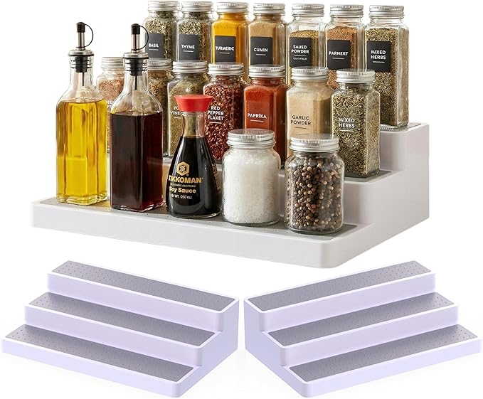 YAN & HIN 3 Tier Spice Rack Organizer for Cabinet, Non-Slip Spice Organizer Shelf for Kitchen Countertop & Pantry, Holds 24+ Jars, Plastic Seasoning Organizer (3 Pack)
