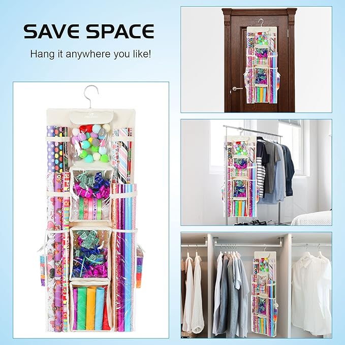 Freegrace Double-Sided Hanging Gift Wrap Organizer - Large 16 x 41 Inch Wrapping Paper Storage Bag - Tearproof 600D Oxford Closet Gift Bag & Ribbon Organization Storage Caddy, Beige