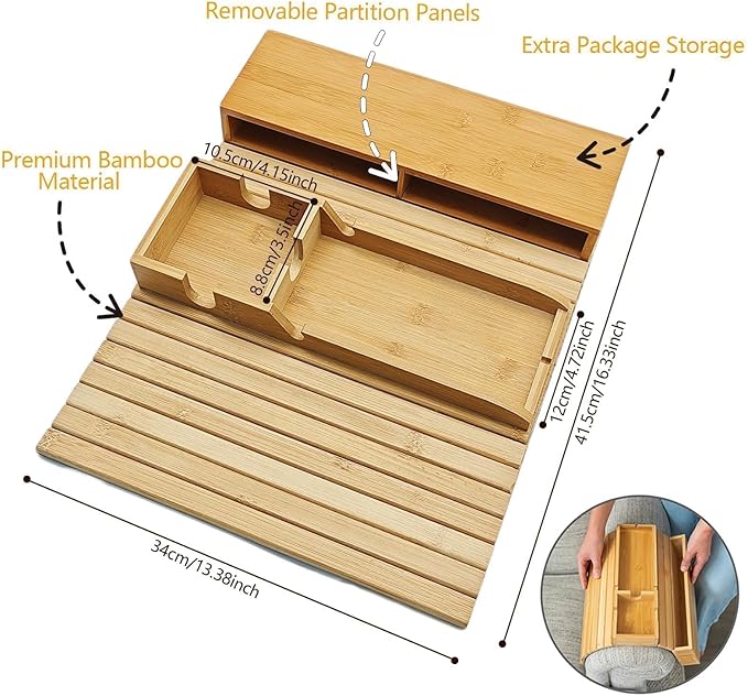 Bamboo Couch Armrest Table with Side Pocket, Anti-Slip Sofa Arm Tray & Tv Remote Holder and Cup Holder Tray, Perfect for Holding Drinks, Snacks, Remotes, Cups, and Phones