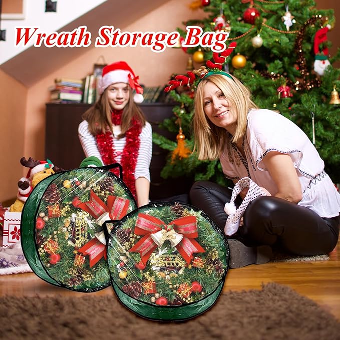 6 Pack Wreath Storage Container, 30 Inch Wreath Storage Bags, Clear Christmas Wreath Storage Container with Sturdy Handles for Holiday Seasonal Decoration, Green