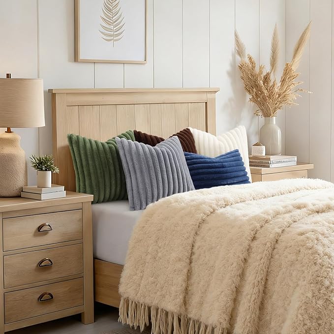 decorUhome Cozy Faux Fur Throw Pillow Covers 24x24 Set of 2 Decorative Soft Plush Striped Modern Farmhouse Boho Couch Euro Sham Pillow Cases with Velvet Back for Sofa Bed Living Room, Grey