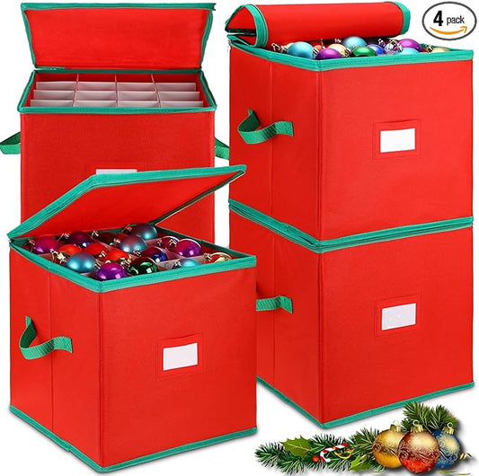 Maxcheck 4 Pcs Christmas Ornament Storage Box 16 Trays for 256 Holiday Ornaments in Total 3 Inch Decoration Organizer Storage Container with Adjustable Dividers Dual Zipper Closure Xmas Holiday