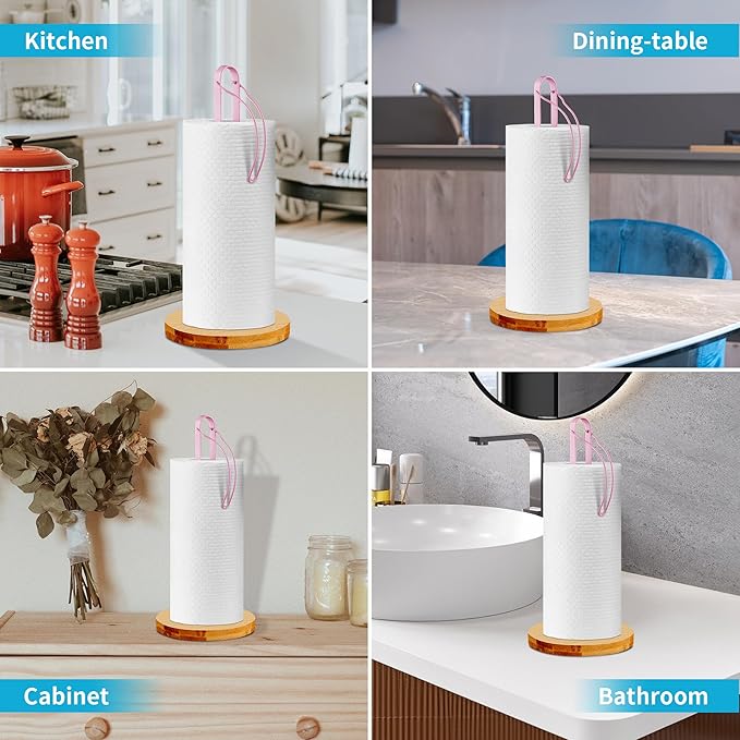 Wood Paper Towel Holder Countertop, TONLEA Kitchen Paper Towel Holder FreeStanding with Fixer for Kitchen and Bathroom Organization, Kitchen Roll Holder for Standard and Large Rolls