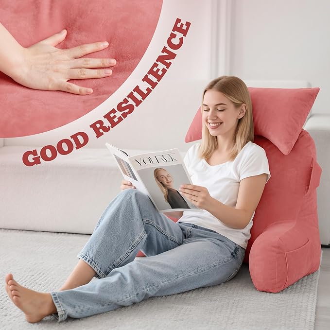 Unisakey Portable Reading Pillows with Headrest for Bed Sitting Up(Dark Pink Oeko-Tex), Velvet Back Pillow with Arms & Pockets for Adults, Support Memory Foam Bed Pillow for Dorm/Watching/Gaming