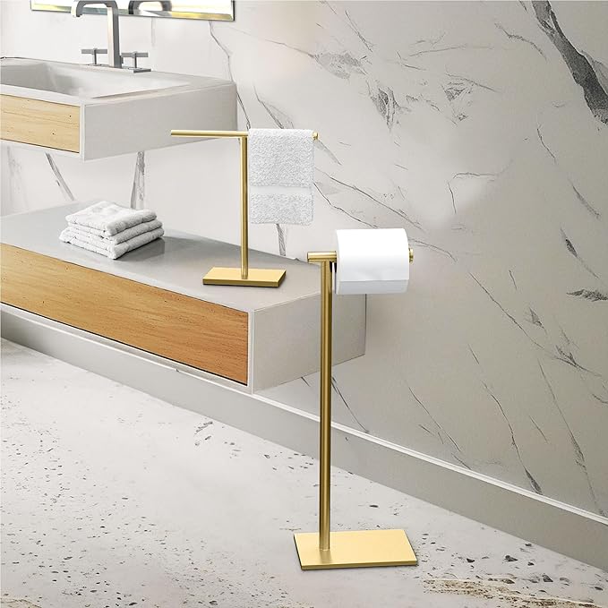 Gatco 1431B, Modern Rectangle Base Freestanding Toilet Paper Holder, 22.25”, Brushed Brass/Free Standing Toilet Tissue Holder Stand with Weighted Base