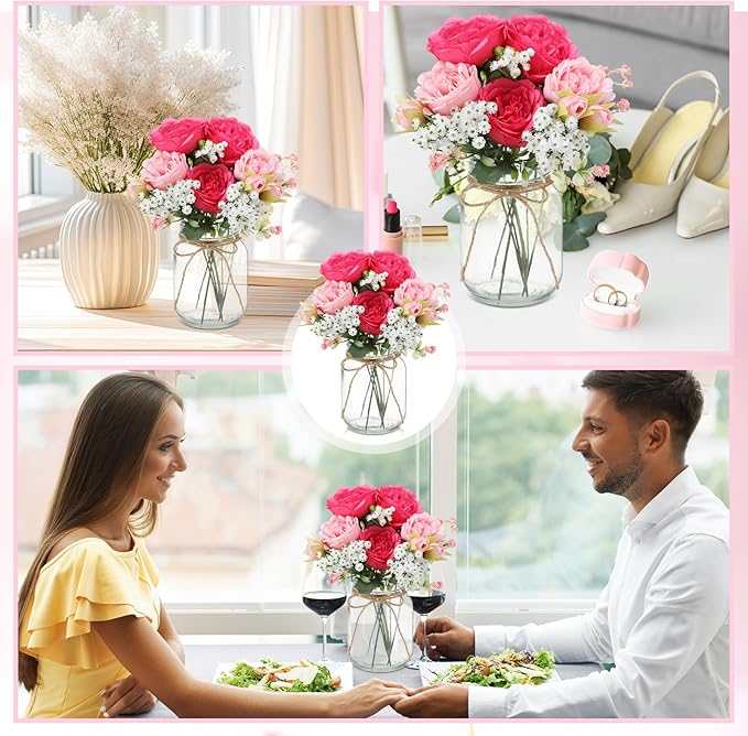 Zeyune Mason Jar Centerpiece Table Decorations, Artificial Peony Baby's Breath Flower Bouquets, Faux Flowers with Vase, Rustic Decor Gifts for Home, Wedding, Holiday(6 Sets,Pink Mix)