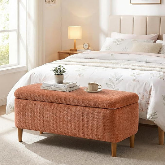 39.4”Ottoman with Storage,Upholstered Comfy Storage Bench Ottoman with Wooden Legs,End of Bed Bench Footstool for Hallway Entryway Bedroom Living Room Orange