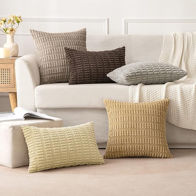 MIULEE Pack of 2 Corduroy Decorative Lumbar Throw Pillow Covers 20x12 Inch Soft Boho Striped Pillow Covers Modern Farmhouse Home Decor for Sofa Living Room Couch Bed Light Brown
