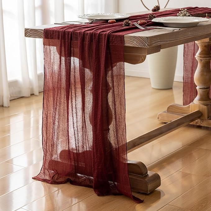 Keketoarrange 6pcs Burgundy Table Runner Red Table Runner Cheesecloth Gauze 120 Inch 10 FT Rustic Boho Cheese Cloth Runner for Wedding Baby Bridal Shower Party Long Sheer Spring Home Decorations