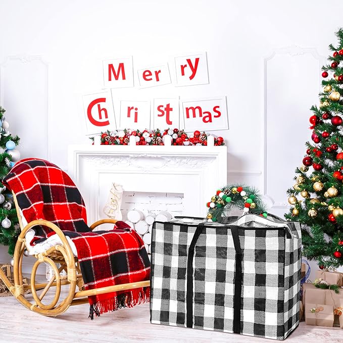 2 Pcs Christmas Ornament Storage Bags Christmas Tree Storage Bags 27 x 20 Inch Ornaments Bag with Zipper Xmas Heavy Duty Containers for Xmas Trees Baubles(Black-White,Plaid)