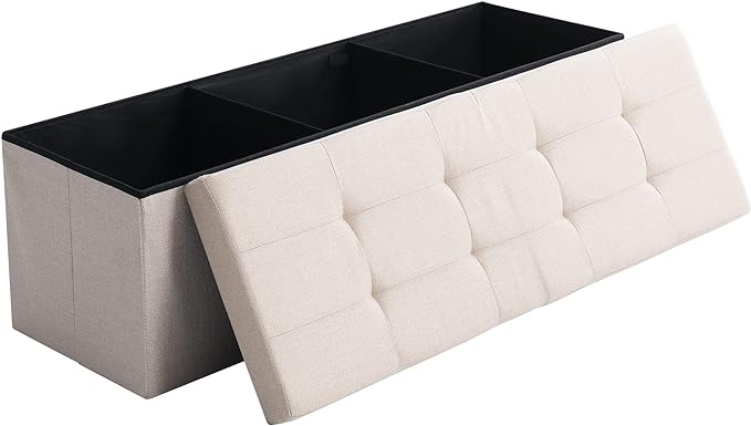 CUYOCA Shoe Storage Ottoman Foldable Seat Footrest Tufted Bench End of Bed Storage with Flipping Lid, 166L Storage Upholstered , Linen Fabric Beige, 45.3 Inches