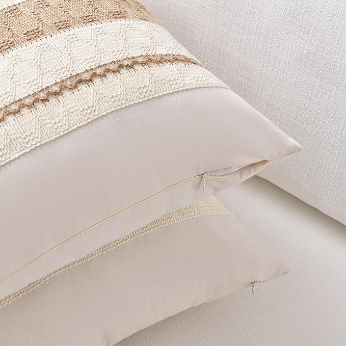 Fancy Homi Set of 1 Boho Neutral Decorative Throw Pillow Cover 22x22 Inch for Couch Bed Sofa, Aesthetic Modern Organic Farmhouse Home Decor, Soft Cotton Cute Accent Macrame Woven Tan Cushion Case