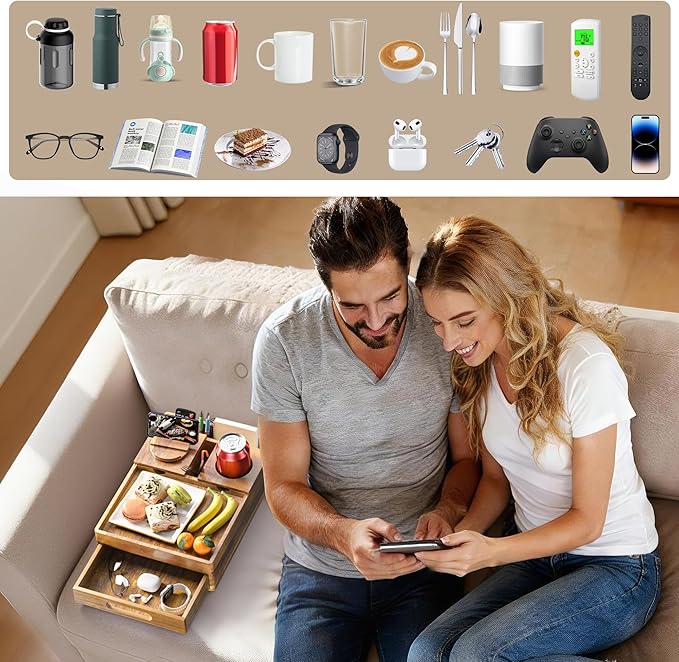 Acacia Wood Couch Cup Holder, 7-in-1 Couch Caddy Tray, Sofa Side Table with Push-Pull Drawer to Organize and Store Small Objects, 360°Swivel Phone Holder, for Drinks, Cups, Snacks, Remote